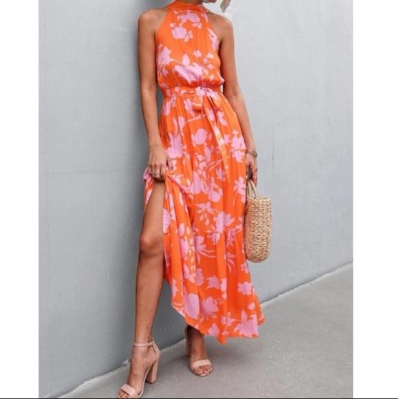 Boho pink floral print belted halter maxi dress - Picture 7 of 12